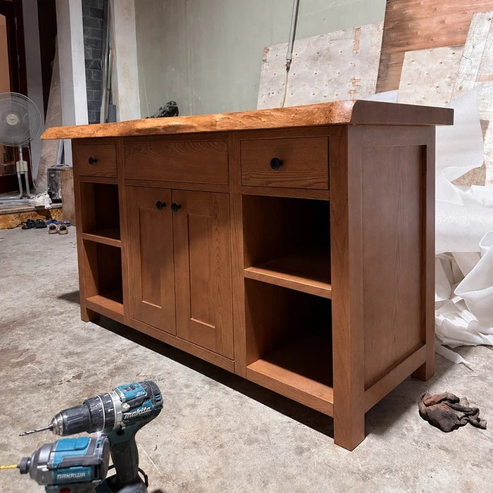 Arboriswood solid wood vanity cabinet with live-edge top, doors, drawers and open shelves