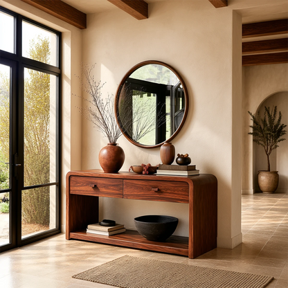 Arched console table with two drawers and open shelf storage for modern entryways