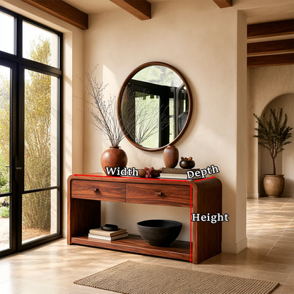 Versatile sofa table designed with drawer storage and lower shelf organization space