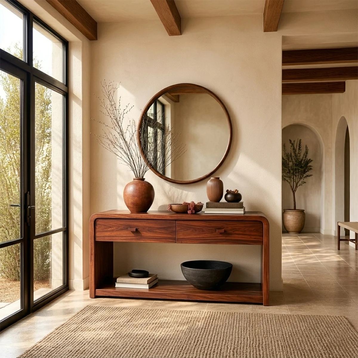 Contemporary entryway console featuring drawer storage and spacious lower display shelf