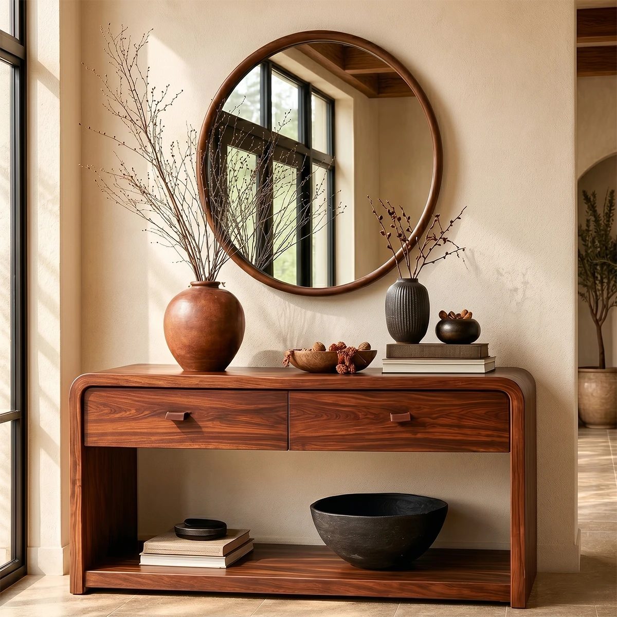 Elegant hallway table with two drawers and open shelving for organized home décor