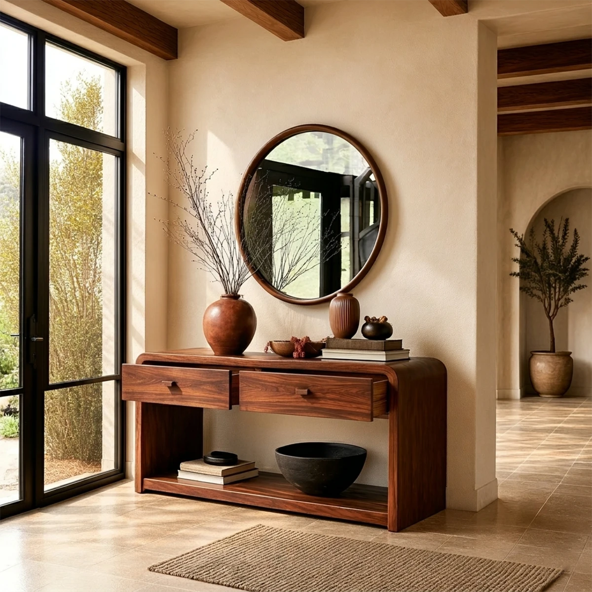 Modern foyer console offering concealed storage and accessible display shelf space