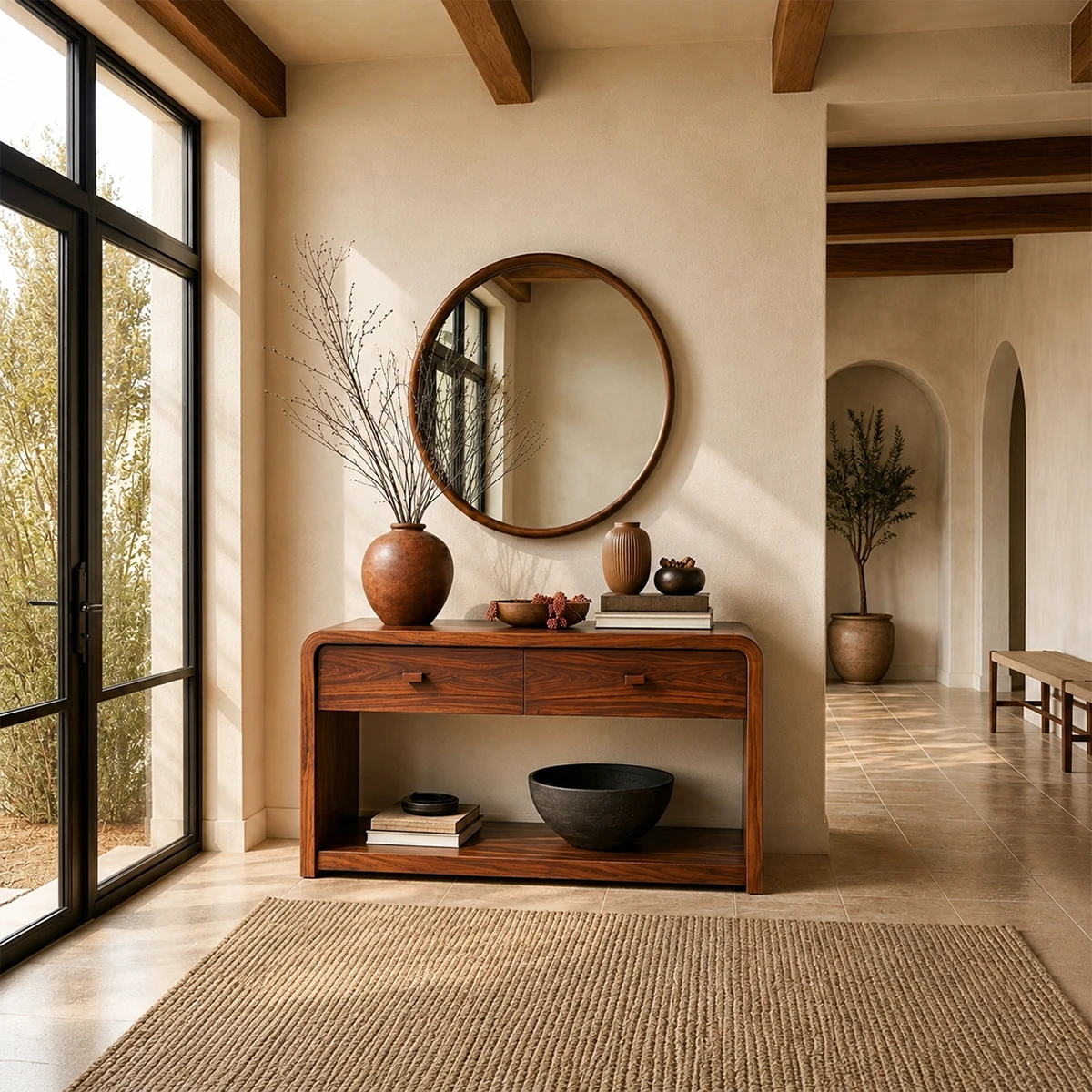 Thoughtfully crafted console cabinet with dual drawers and open display compartment