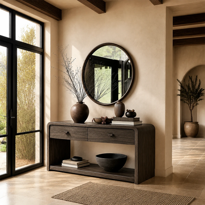 Stylish entryway table combining practical drawer storage and lower display shelving