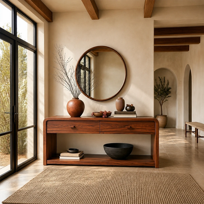 Sophisticated entry console with two drawers and lower shelf for organized interiors