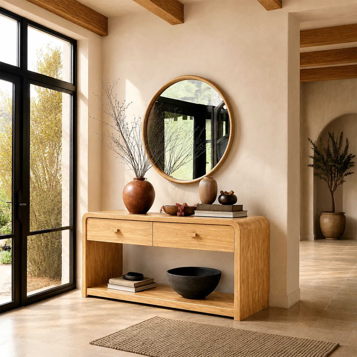 Functional hallway console with two drawers and open shelf for decorative accents