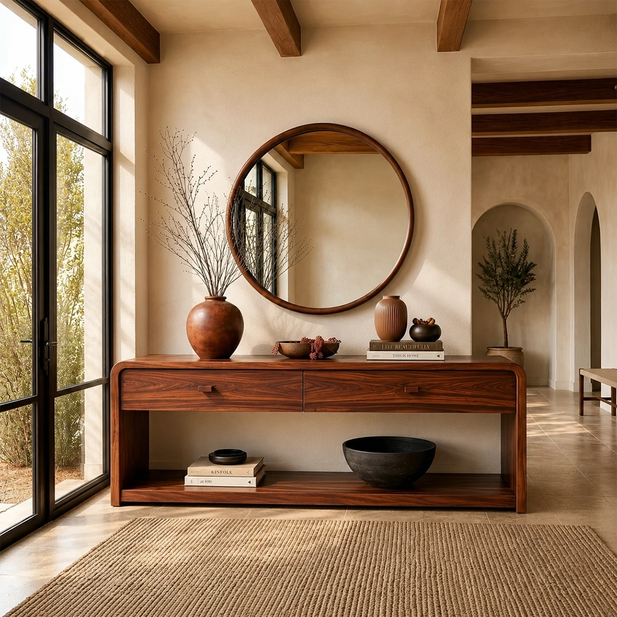 Wooden console table with decorative items in a room with large windows and archways.