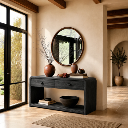 Minimalist console table featuring streamlined storage and spacious open shelving below