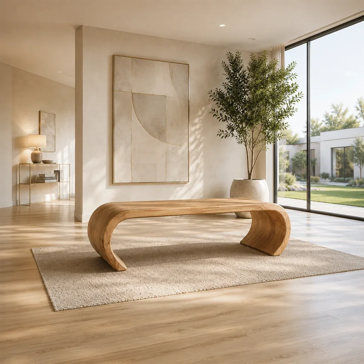 Modern wood bench with continuous curved ends and clean solid wood profile for hallways