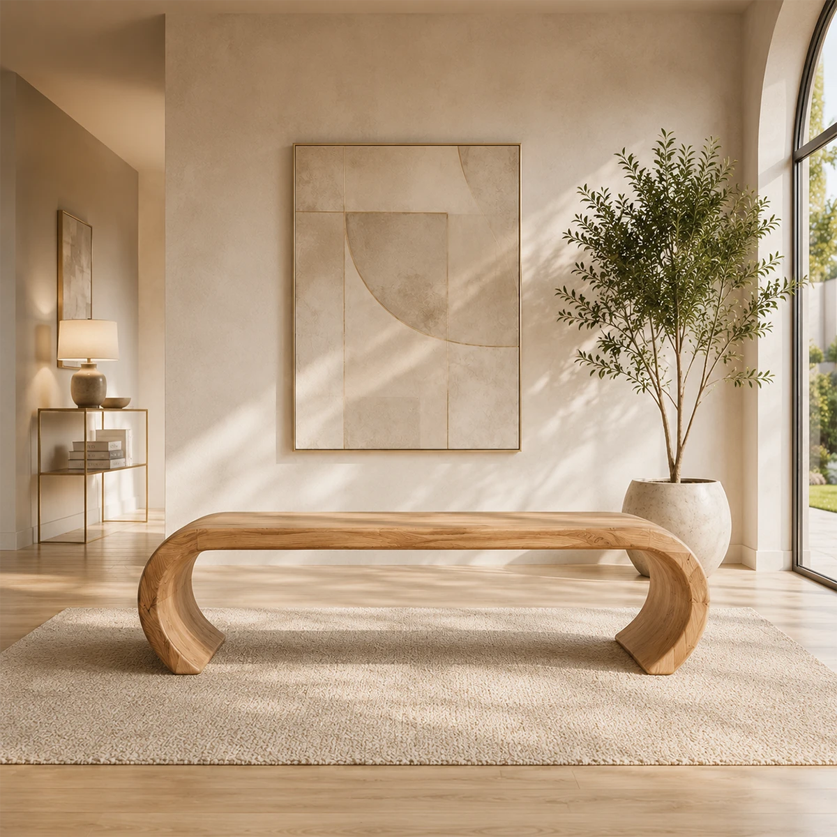Entryway bench with rounded loop frame and solid wood construction for airy modern homes