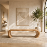 Entryway bench with rounded loop frame and solid wood construction for airy modern homes