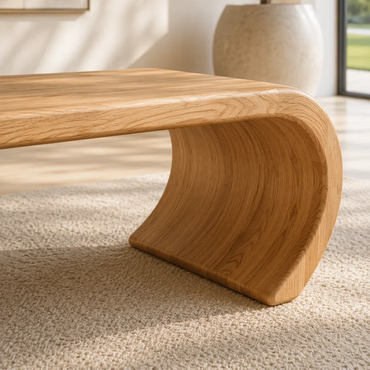 Designer bench featuring an open center and flowing solid wood curves for refined spaces