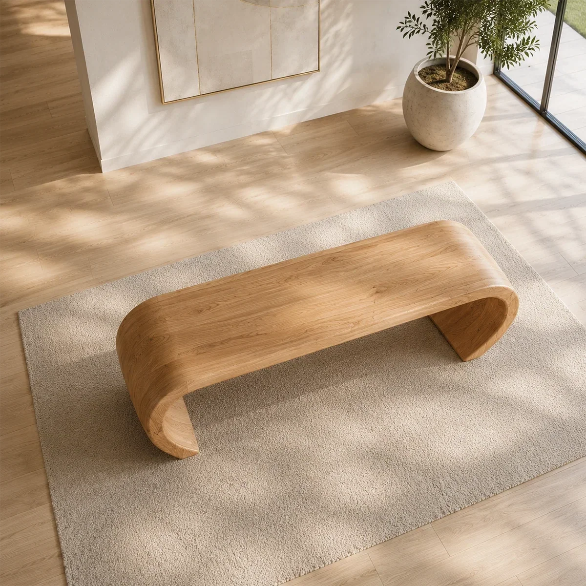 Minimalist bench with seamless curved supports and broad seat for calm contemporary rooms