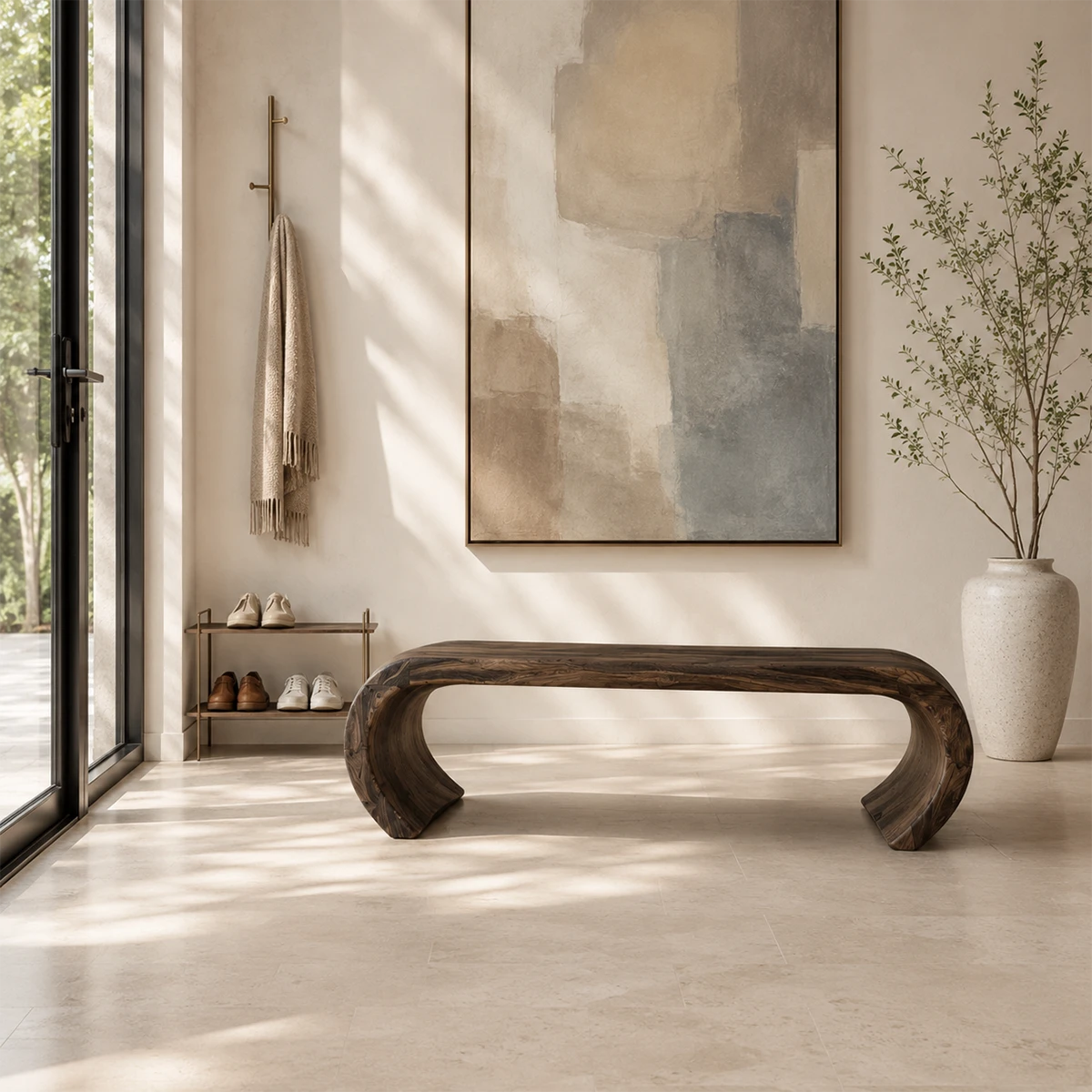 Hallway bench with sculpted arch legs and smooth solid wood surface for elegant interiors