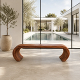 Organic bench with softened corners and continuous wood frame for relaxed modern spaces