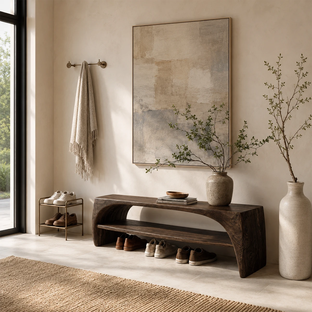 Sculptural entryway bench with open shoe shelf and a refined dark wood tone finish