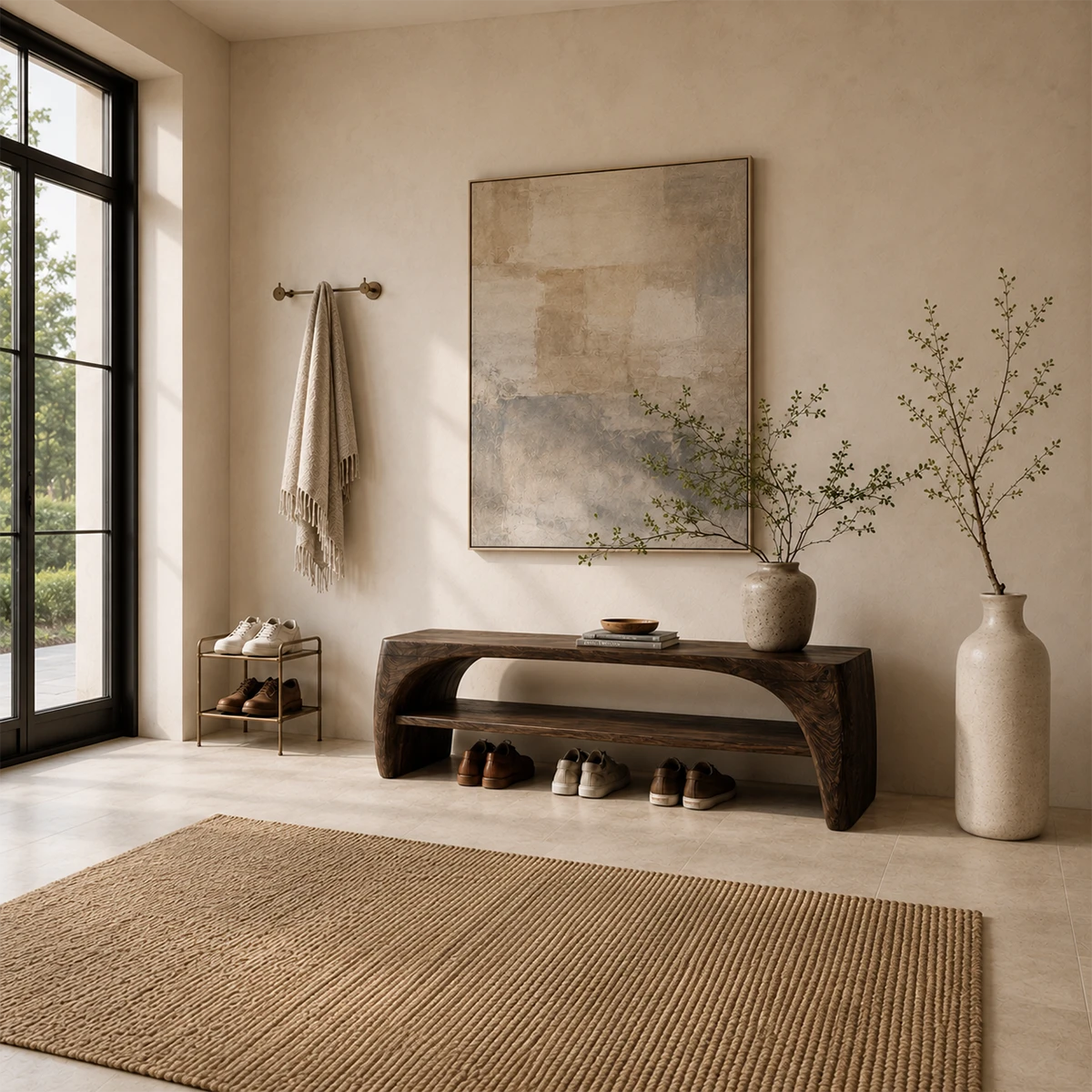 Modern shoe storage bench adds curved architecture to a calm and refined home foyer