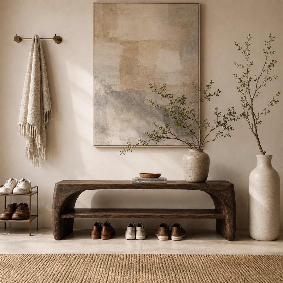 Organic hallway bench offers practical footwear storage beneath a broad sculpted seat
