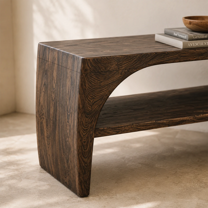 Designer entry bench features flowing supports and a spacious lower display shelf