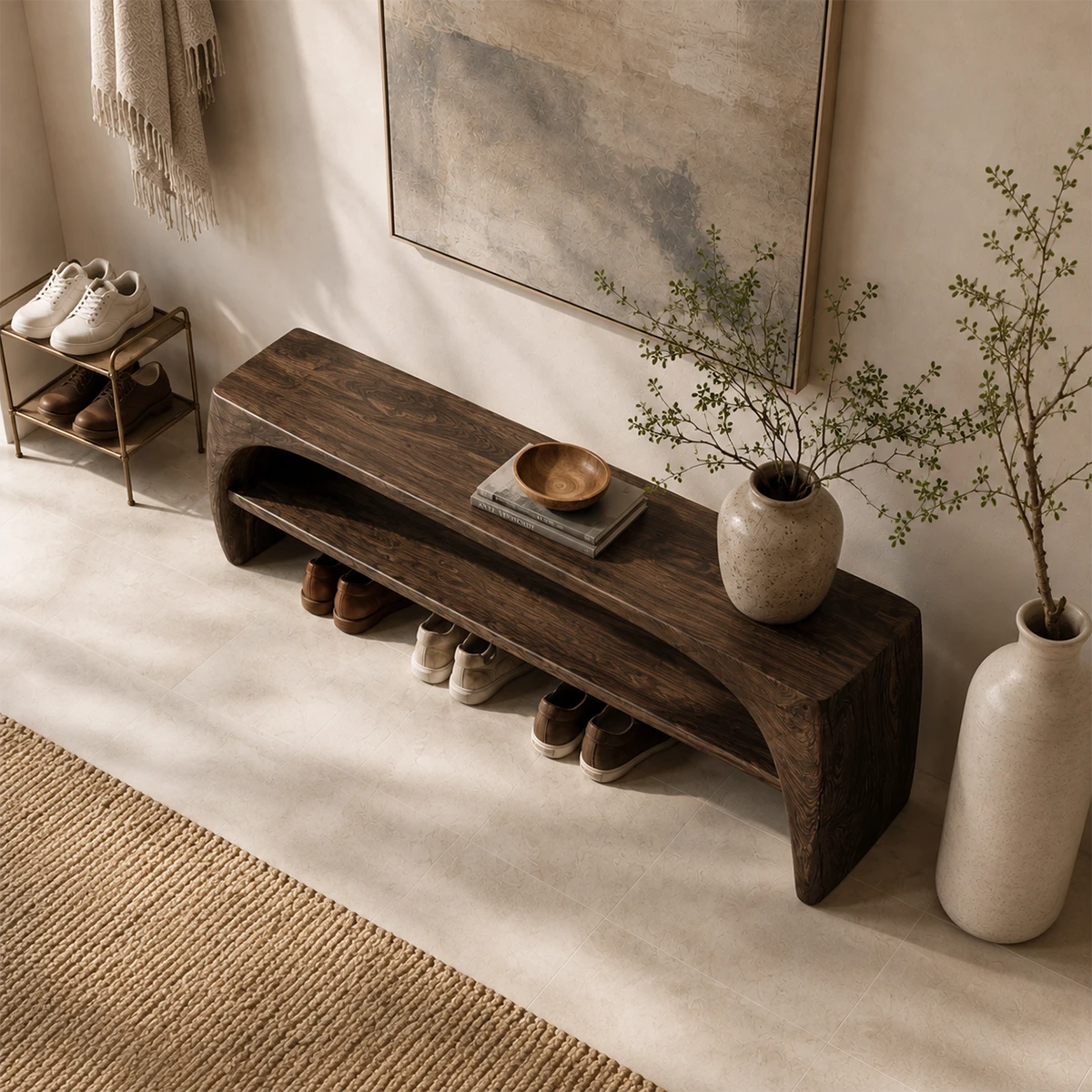 Handcrafted accent bench brings visible grain and functional storage to the entryway