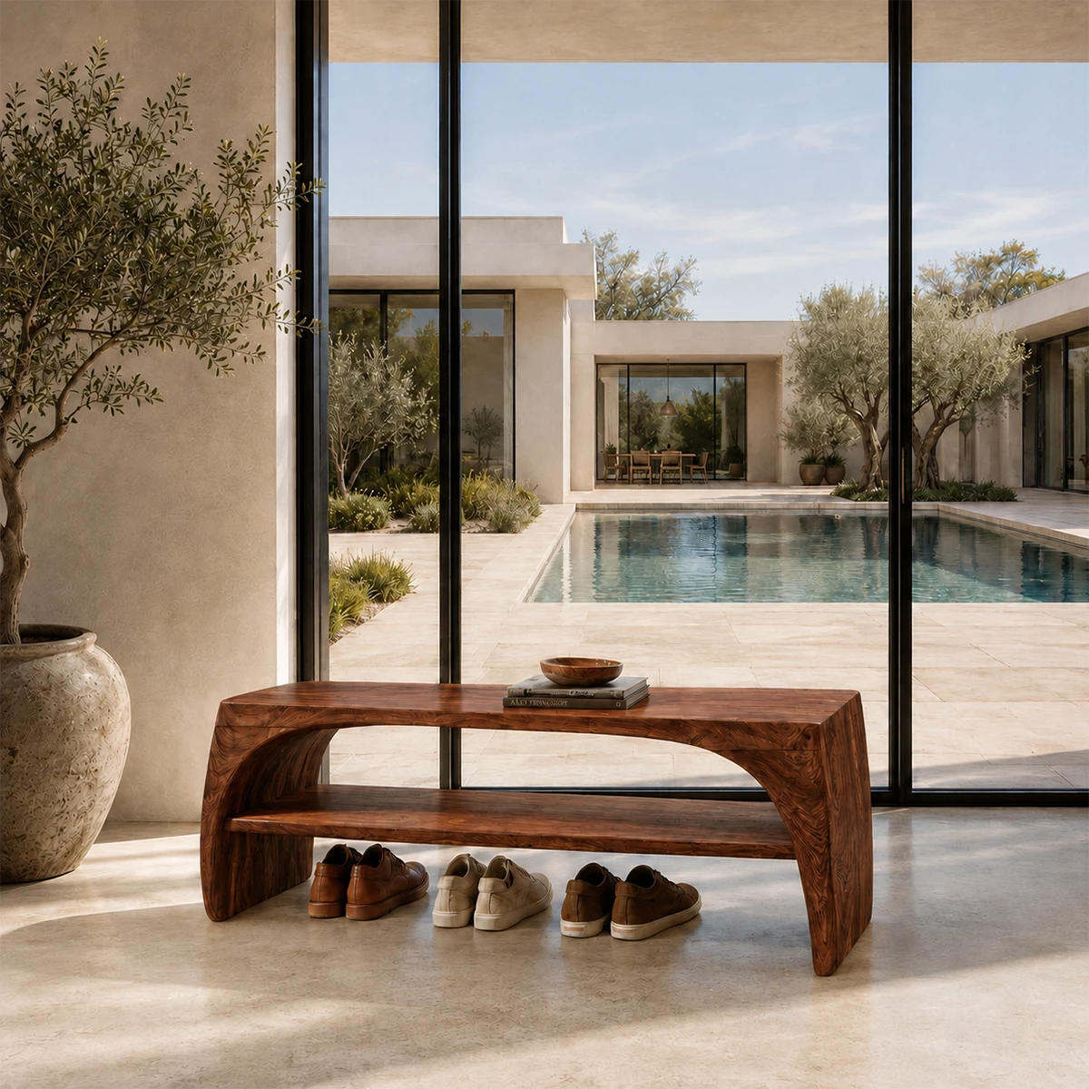 Minimalist shoe bench pairs soft curves with open shelving in a warm neutral interior