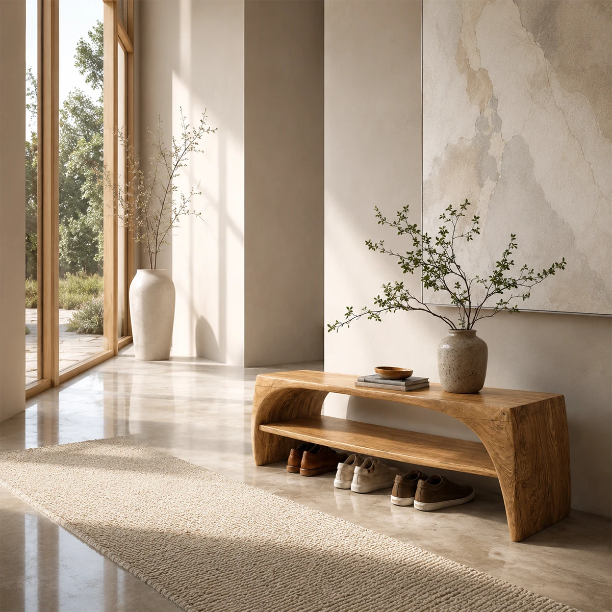 Artistic foyer bench creates seating and organized shoe storage beside natural decor
