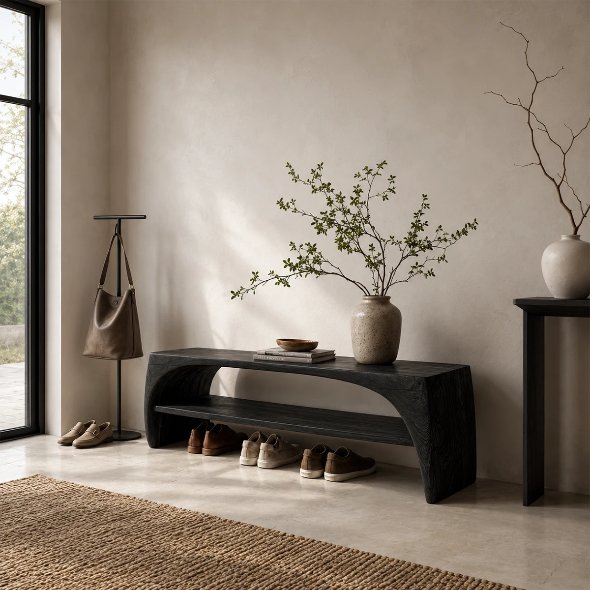 Contemporary storage bench showcases rounded edges and a long open shelf for shoes
