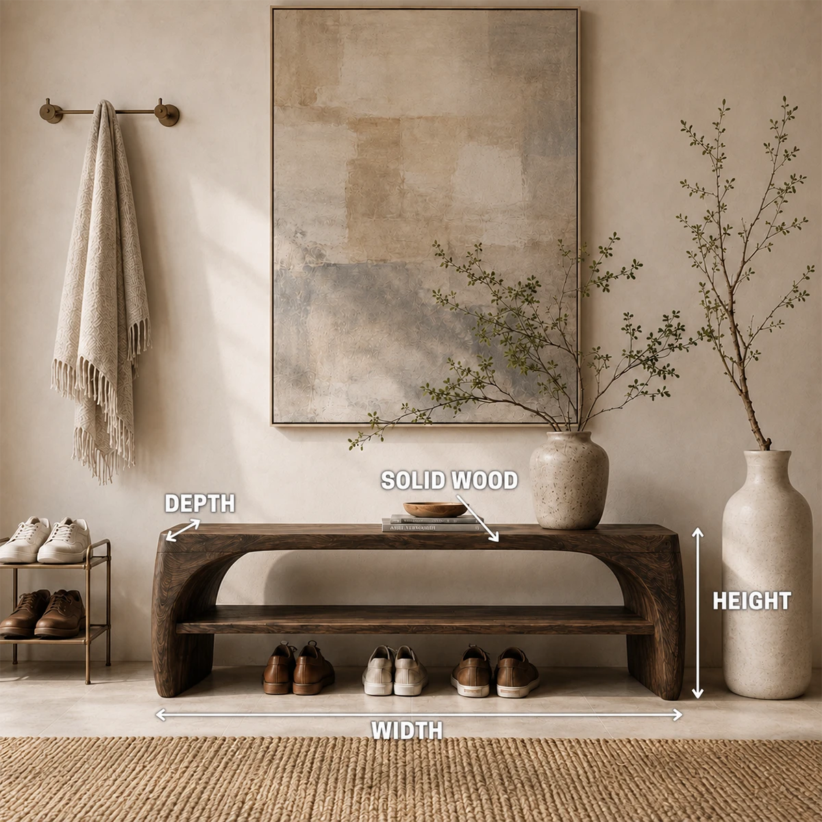 Luxury entryway bench combines sculptural form with practical footwear organization