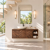 Streamlined bathroom vanity design in natural solid wood with integrated side shelf