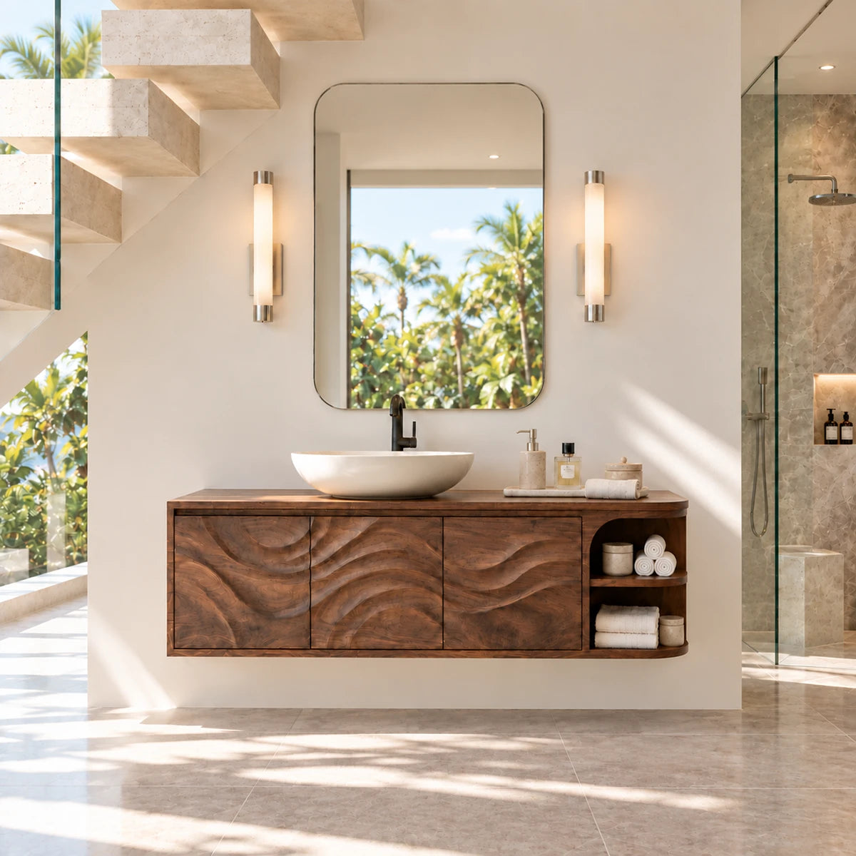Create a warm spa look using a natural solid wood vanity with carved wave fronts