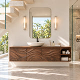 Statement bath vanity piece in natural solid wood with bold sculptural detailing