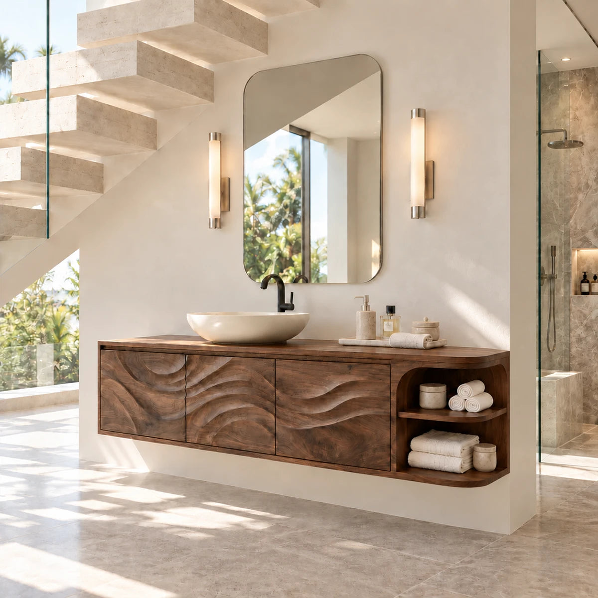 Floating bathroom vanity in natural solid wood with sculpted fronts and open shelf