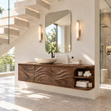 Floating bathroom vanity in natural solid wood with sculpted fronts and open shelf