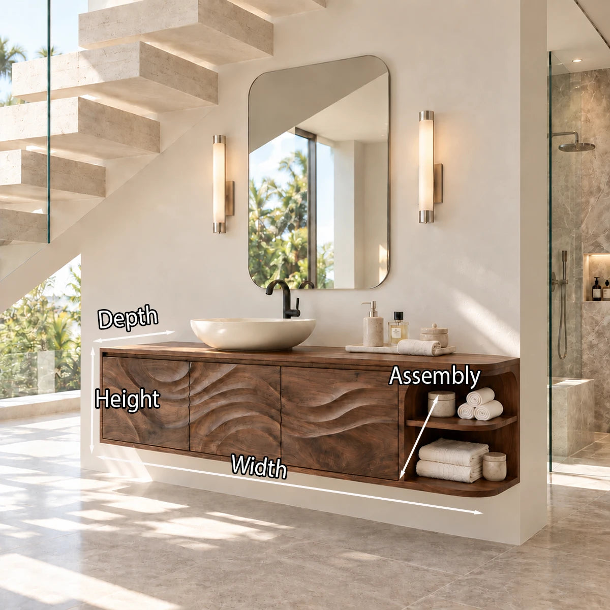 For a serene bath space choose a natural solid wood vanity with open shelf storage