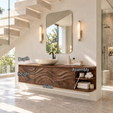 For a serene bath space choose a natural solid wood vanity with open shelf storage