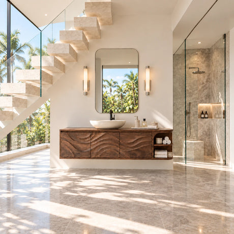 Bring home a wall mounted bath vanity in natural solid wood with rounded shelving