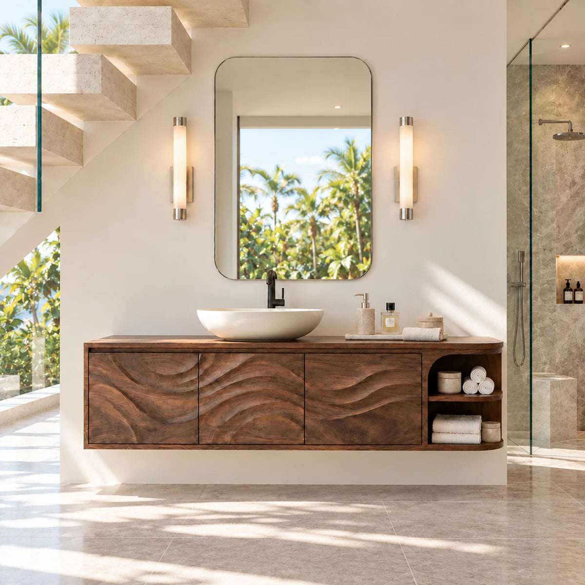 Architectural vanity cabinet in natural solid wood with wave carved door panels detail