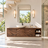 Architectural vanity cabinet in natural solid wood with wave carved door panels detail