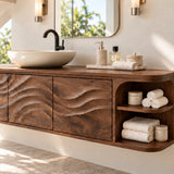 Discover a modern bathroom console in natural solid wood with asymmetrical storage