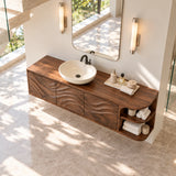 Open side shelf vanity in natural solid wood with a sleek floating silhouette design