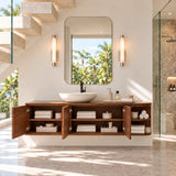 Elevated bath storage vanity in natural solid wood with a clean linear profile look