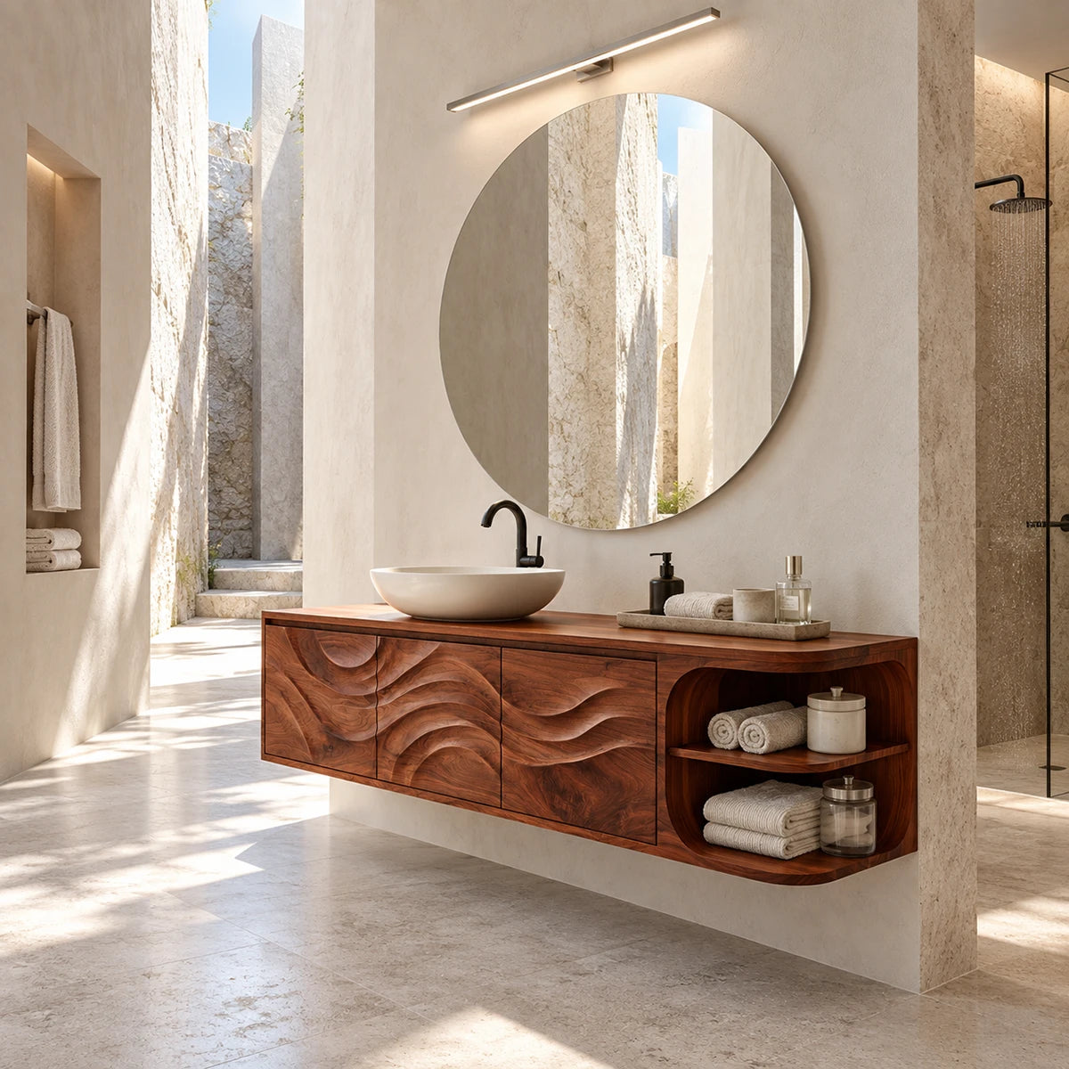Refined floating bath cabinet in natural solid wood with curved open end shelving