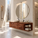 Refined floating bath cabinet in natural solid wood with curved open end shelving