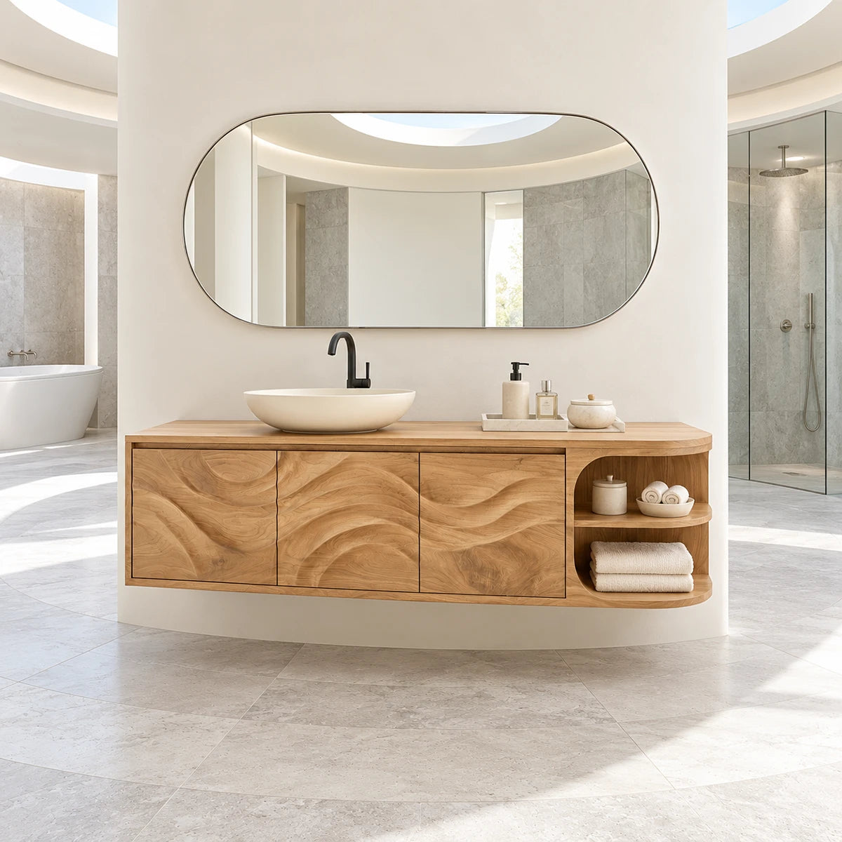 Make a statement with a natural solid wood bathroom vanity and sculpted fronts style