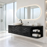 Gallery inspired vanity furniture in natural solid wood with minimalist storage layout