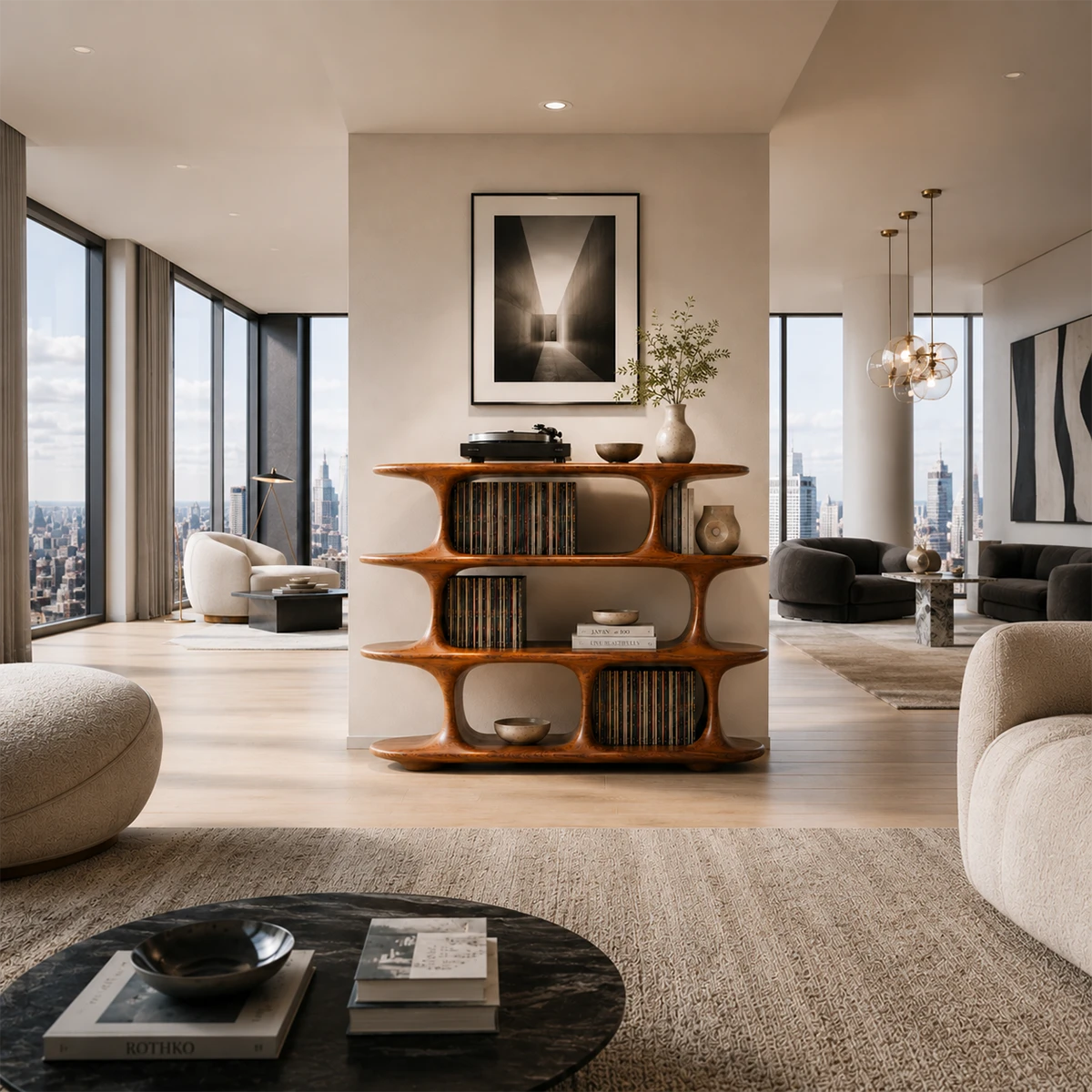 Architectural Natural Solid Wood Record Player Stand With Open Vinyl Shelves - ArborisWood - 2