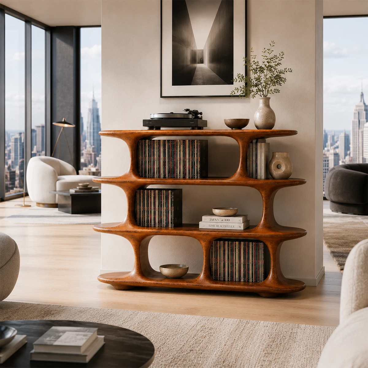 Architectural Natural Solid Wood Record Player Stand With Open Vinyl Shelves - ArborisWood - 3