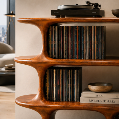 Architectural Natural Solid Wood Record Player Stand With Open Vinyl Shelves - ArborisWood - 4