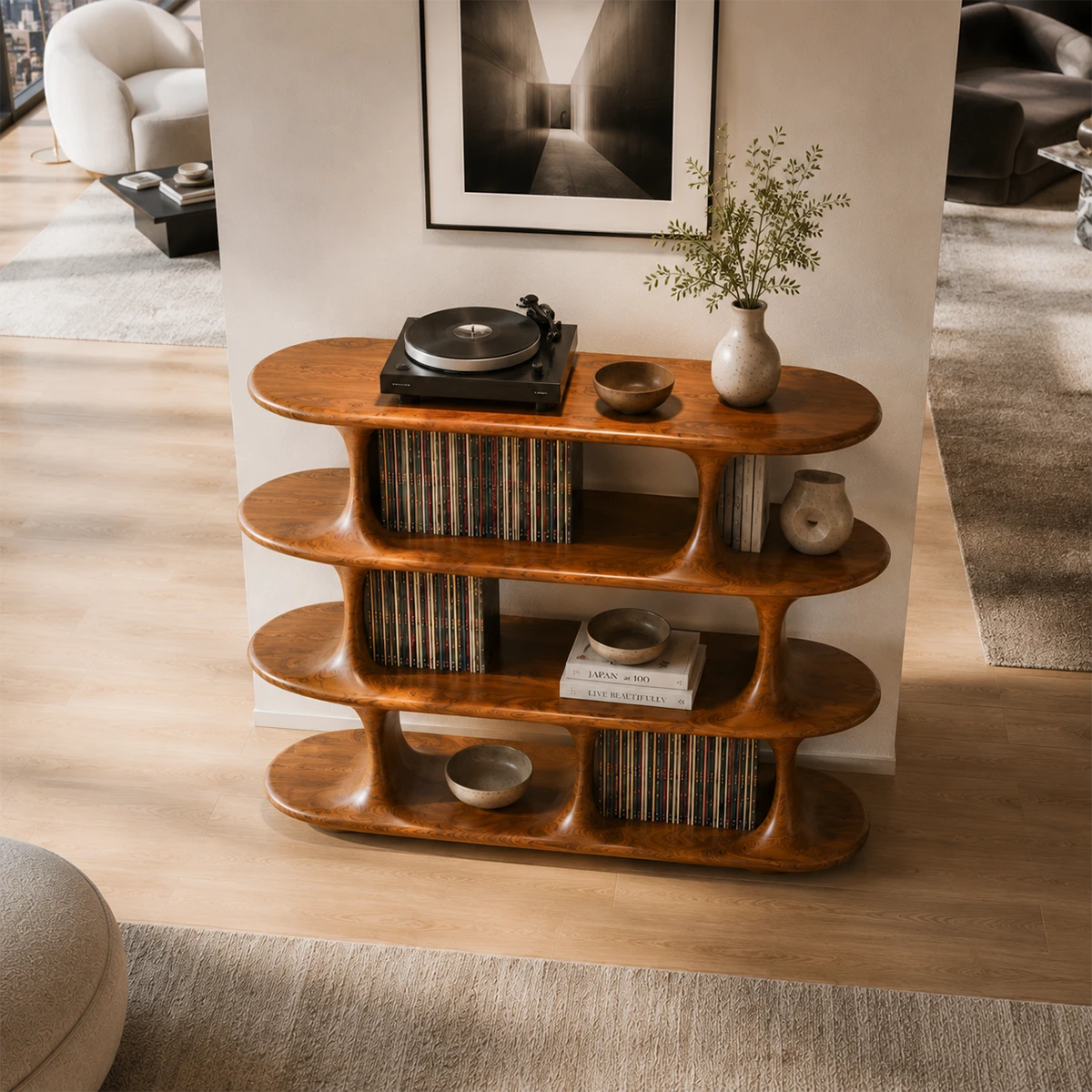 Architectural Natural Solid Wood Record Player Stand With Open Vinyl Shelves - ArborisWood - 5