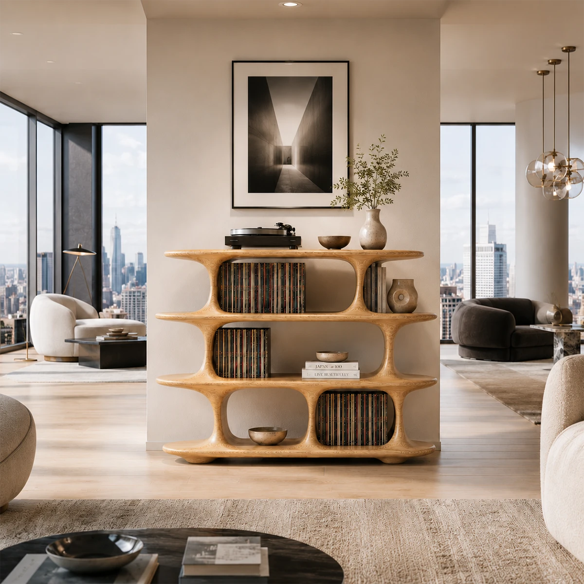 Architectural Natural Solid Wood Record Player Stand With Open Vinyl Shelves - ArborisWood - 7